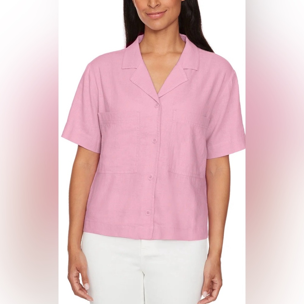 NWT Buffalo David Bitton Pink Linen Blend Short Sleeve Utility Top XXL
